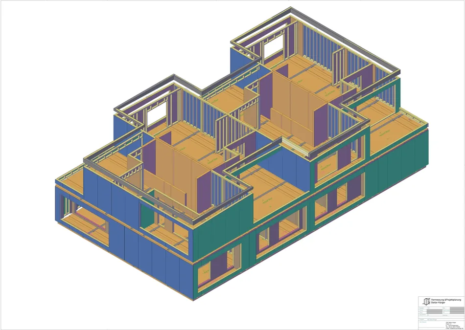 Planblatt mit 3D-Ansicht des Holzrahmenbaus, Objektangaben im Plankopf ausgegraut